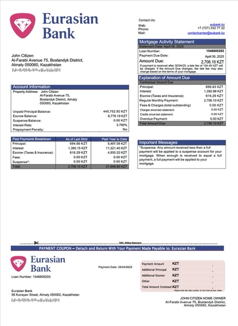 Download Kazakhstan Eurasian Bank mortgage statement Word and PDF template Photoshop template